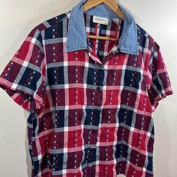 Lemon Grass Patriotic Short Sleeve Button Down Woman's Plaid Denim Collar - Picture 2 of 8